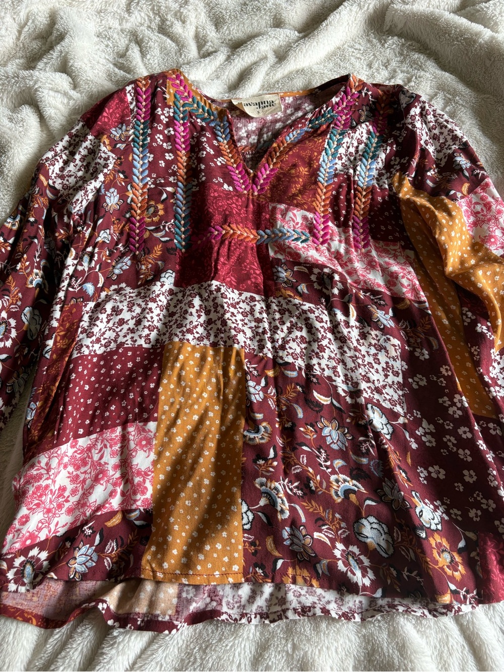 Boho Patchwork V-Neck Women's Top in Burgundy and Mustard - Unknown Brand